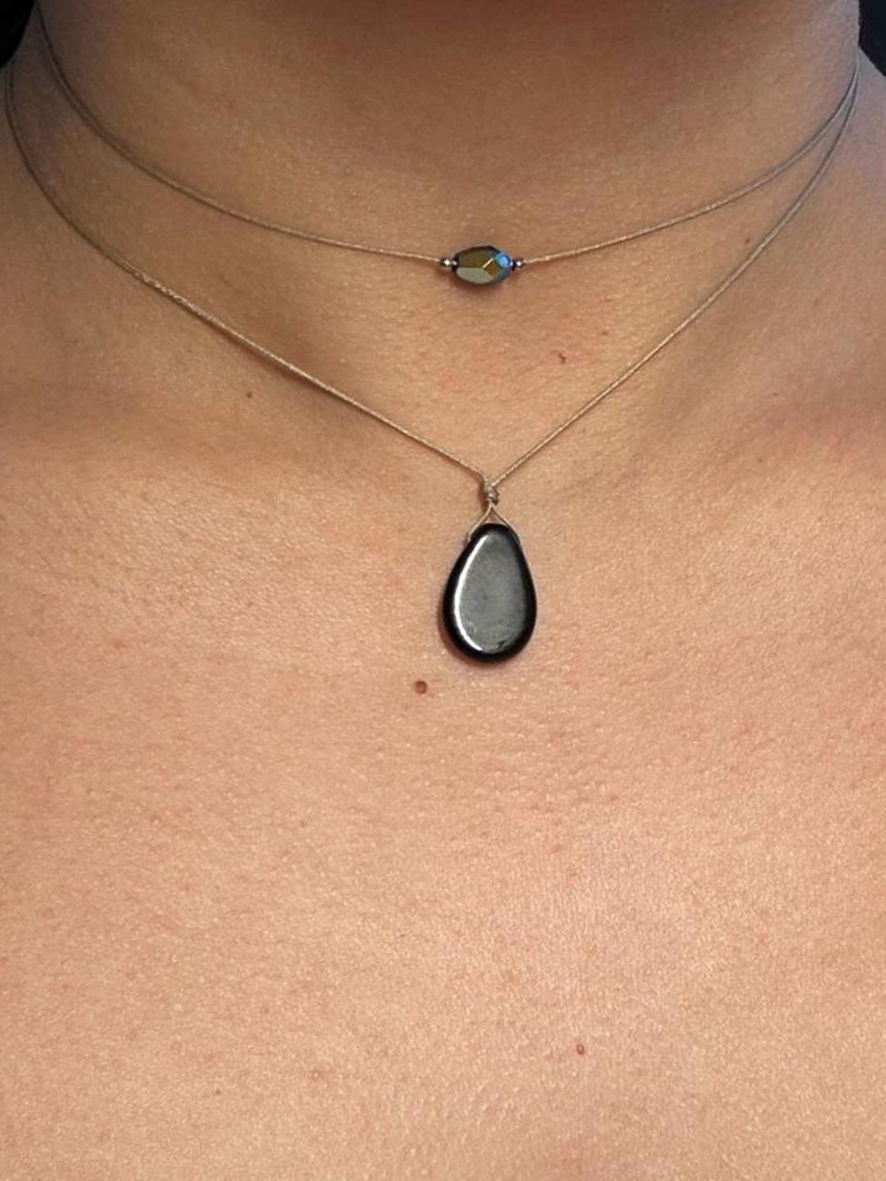 Hand Crafted czech glass ab Black Teardrop Layered Necklace adjustable boho cord